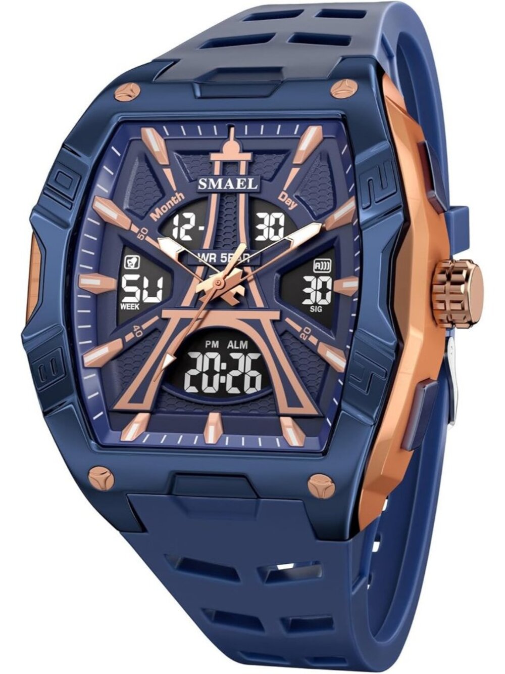 Men's Dark Blue Tonneau Analog Digital LED Backlight Silicone Band Wrist Watch